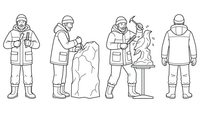 Set of stone sculptor character poses working on statue design in black and white line art.