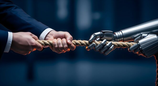 Close-up of a human hand in a suit and a robotic hand playing tug of war with a thick rope, symbolizing the competition between humans and artificial intelligence.