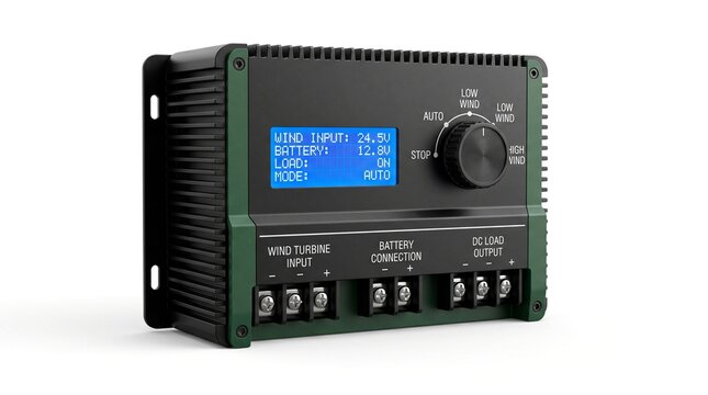 A black and green wind turbine charge controller with a blue digital display shows power input and output.