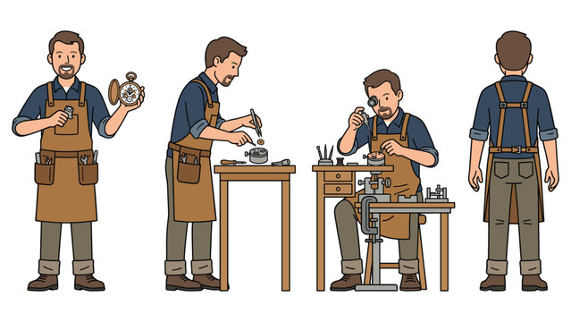 Watchmaker man repairing watch at desk with tools showing close up and assembly detail.