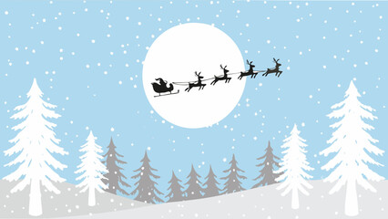 Santa claus and reindeer silhouetted against a winter moonlit landscape © prince