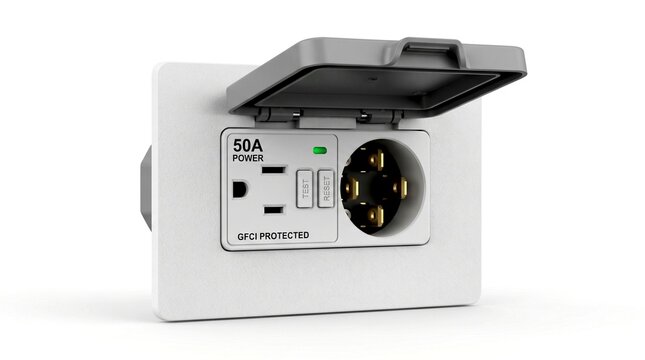 A white 50 amp power outlet with a gray weatherproof cover is ready to be used outdoors 3d rendered
