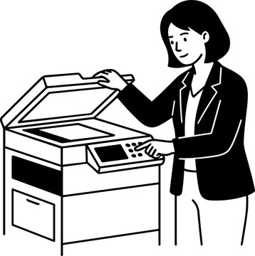 Woman operating office copier machine for document scanning and printing in a modern workplace.