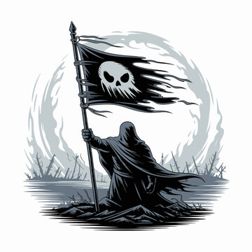 Hooded figure holding skull flag.