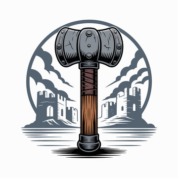 Large metal hammer with wooden handle.