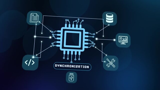 Futuristic central processing unit schematic depicting digital data synchronization across cloud storage and local systems.