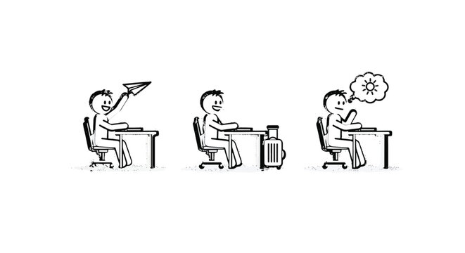 Illustrated students in classroom with different learning attitudes.