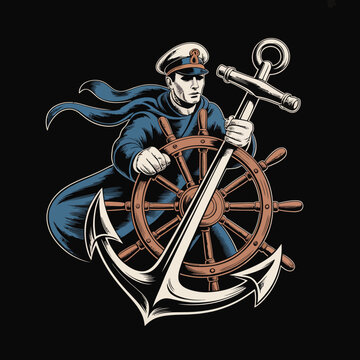 Sailor Holding Anchor Ship Wheel.