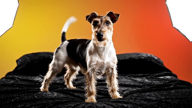 Wire Fox Terrier Dog Standing on Black Bed with Orange and Yellow Background.