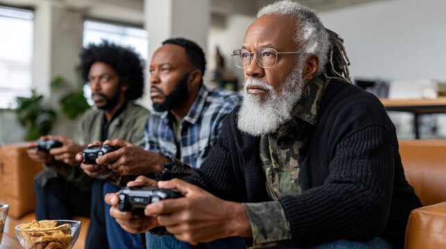 Focused senior friends playing video games together in cozy living room. Elderly gamers using controllers during multiplayer session, enjoying digital entertainment and social leisure activity