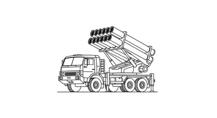 Line drawing of a truck with a large missile launcher mounted on the back, against a clean white background. © ahmad