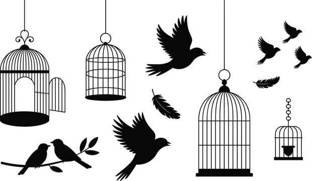 Flying Birds and Cages Black Silhouette Vector Set Featuring Hanging Birdcages, Feathers, Tree Branch, and Free Wildlife Elements for Decorative Laser Cutting Designs