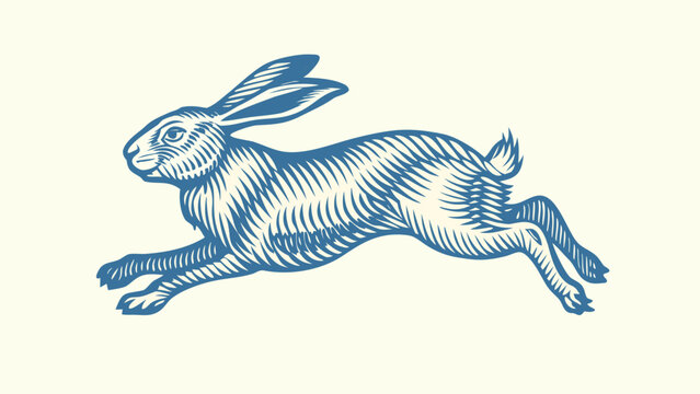 Running hare illustration vintage woodcut style on cream background