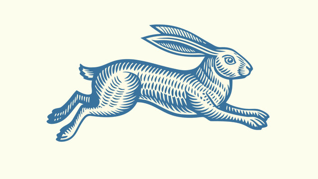 Running hare illustration vintage engraving style on white background