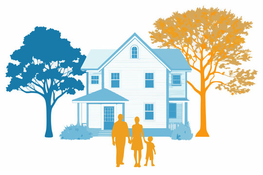family silhouette in front of house with trees illustration