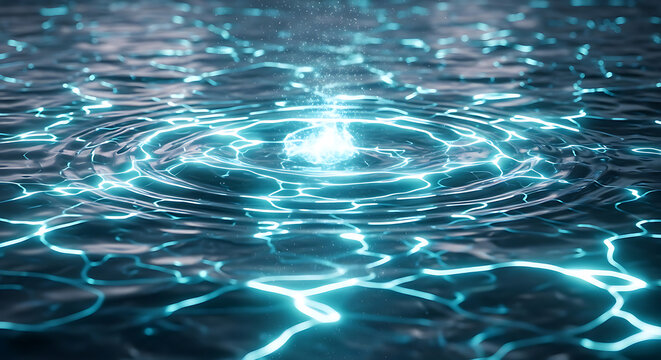Electric Ripples in Water: A mesmerizing abstract visualization of electrical currents flowing through dark water, creating concentric rings and glowing blue patterns.