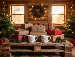 Fototapeta premium Cozy rustic wooden table with wrapped Christmas gifts and snowflake mugs for holiday home atmosphere and festive social media content