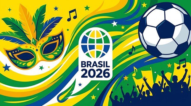 Brazil 2026 celebratory graphic with soccer ball and carnival mask