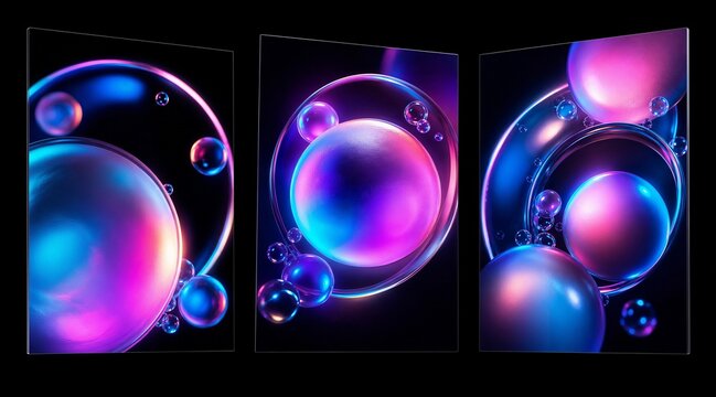 A collection of three futuristic abstract posters floating 