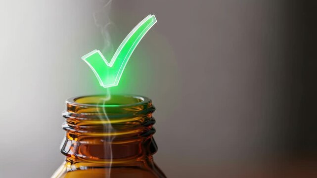 Amber medicine bottle with vapor steam rising and glowing green check mark approval. FDA drug approvals signal safe effective healing and quality