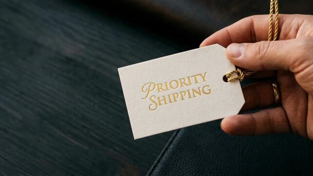 Priority shipping tag held by hand with rope and embossed gold label dark leather surface conveying urgent delivery and premium fingers held gift tag