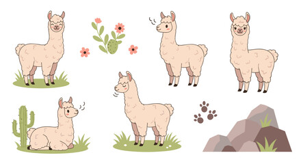 Naklejka premium Set of cute llama illustrations with cactus, rocks, and flowers, playful animal characters in a flat style for nursery decor and invitations