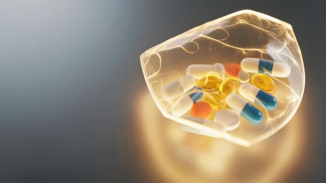 Soft glowing capsule pouch cradling assorted pills and softgel medicine golden shield glow evoke FDA drug approvals inspire safety innovation
