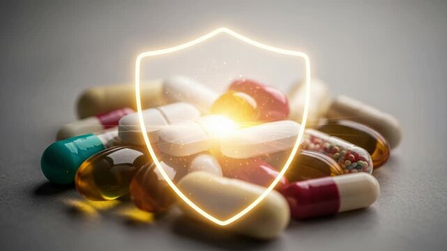 Immune protection concept with pills capsule tablet supplement medicine prescription immunity protection shield glowing fda drug approvals highlight