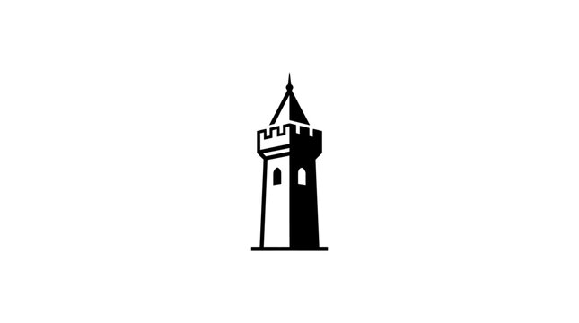 Isolated Black and White Castle Tower Illustration Design.