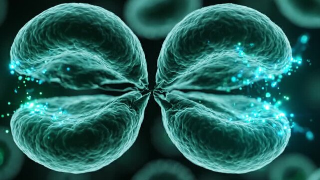 Microscopic view of two cells dividing, showcasing the intricate process of cell division and mitosis with glowing cellular structures