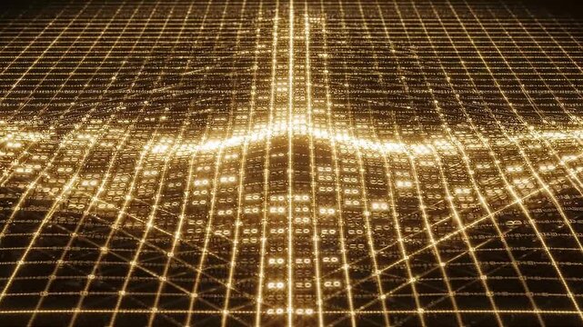 Dynamic digital grid with glowing golden connections, symbolizing data flow, intricate network infrastructure, and technological advancements in a futuristic abstract landscape