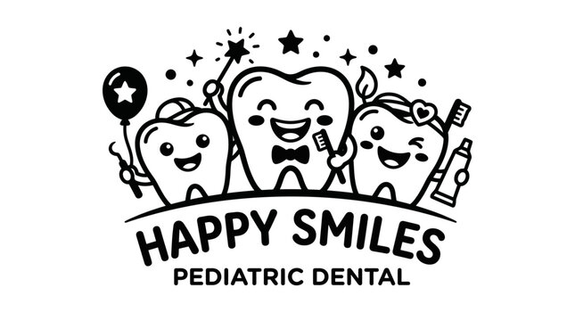 Smiling cartoon teeth characters dental logo.