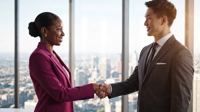 A diverse professional team successfully concludes a productive business meeting with a firm handshake, symbolizing partnership and global collaboration