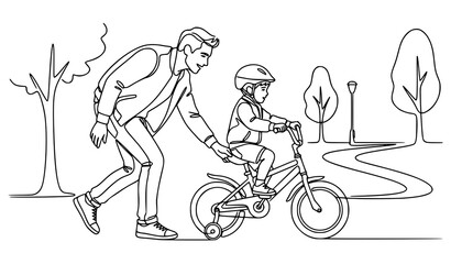 Obraz premium Father Teaching Son Riding Bicycle One Line Drawing Vector Family Park Illustration