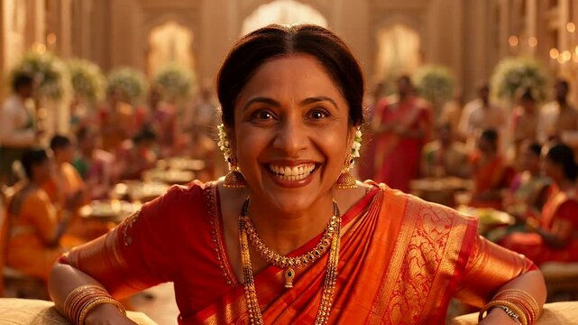 Smiling indian auntie in vibrant red sari at festive event with guests