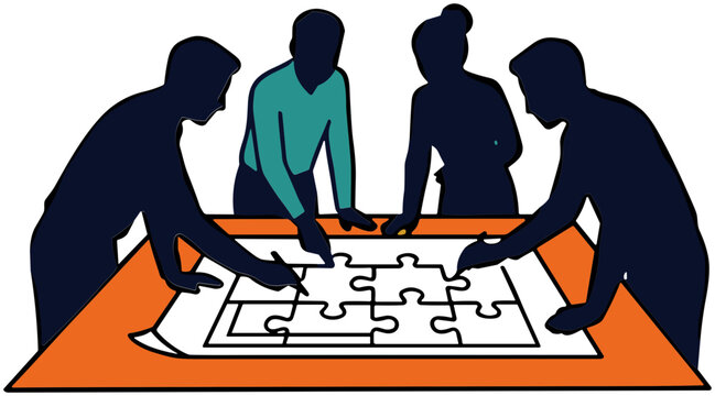 Diverse team collaborating on jigsaw puzzle, problem-solving and strategy concept