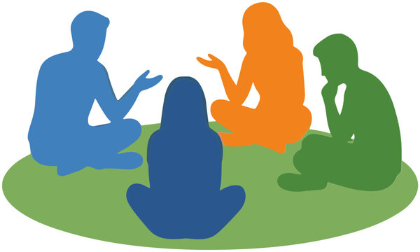 Diverse group of people in colorful silhouette discussing ideas in a circle on green background