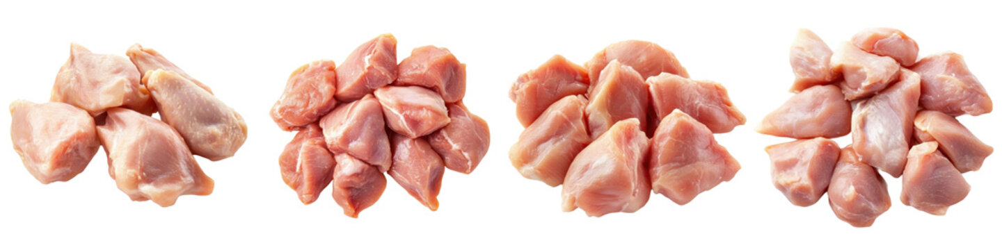 Set of Four Piles of Raw Cut Meat Pieces Isolated on White Background - Fresh Pork or Chicken Protein Ingredient Collection
