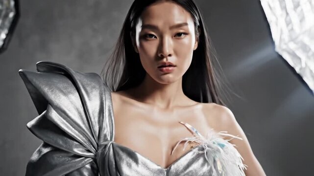 Asian fashion model in a feathered silver dress posing in a professional photography studio