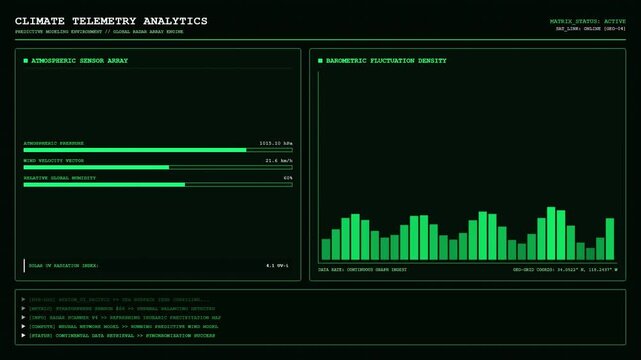 Climate Telemetry Analytics Dashboard Monitor Screen Showing Atmospheric Sensor Array Meter Data and Barometric Fluctuation Density Chart Green HUD Software.