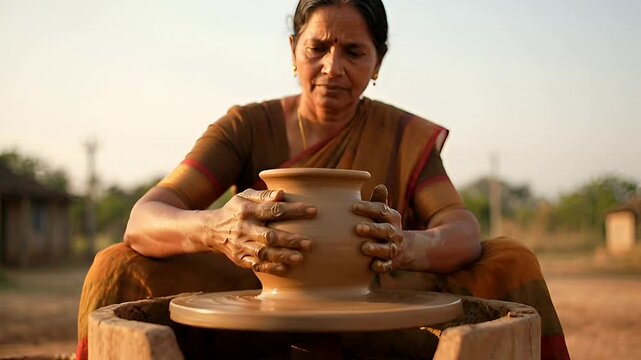 An indian auntie skillfully shapes clay on a pottery wheel outdoors.