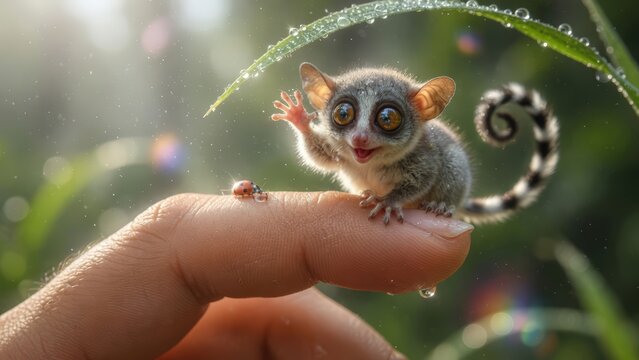 An adorable, miniature Galago bushbaby with big eyes, sitting safely on a human fingertip. One of its tiny paws is raised in a charming waving gesture, captured within a magical, enchanted forest styl