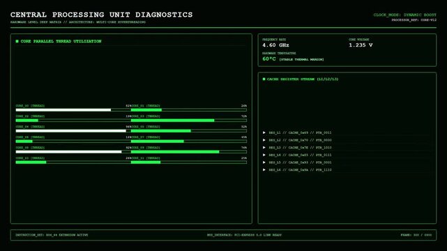 Central Processing Unit Diagnostics Interface Screen Displaying Core Parallel Thread Utilization Bars And Cache Register Stream Analytics Green HUD Software.