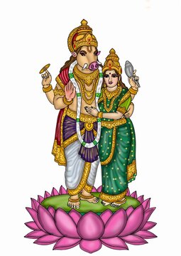 hand drawn digital art of goddess lakshmi with varaha