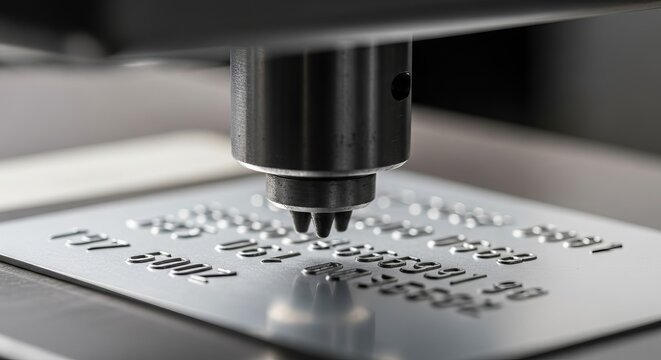 Industrial machine embossing alphanumeric details onto a metallic credit card surface with precision tooling