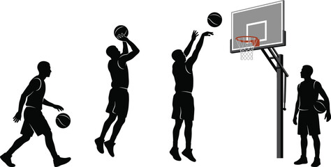 Black vector silhouette sequence of a basketball player dribbling, jumping, shooting, and standing by the hoop © RAFIQUL