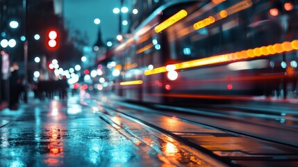 Obraz premium City scene featuring a blurred light-streaked train at night on wet rails