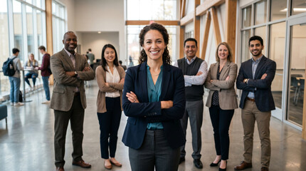 Fototapeta premium Confident female professor leading diverse academic team in modern university campus, education excellence, higher education leadership, college faculty collaboration, professional success learning