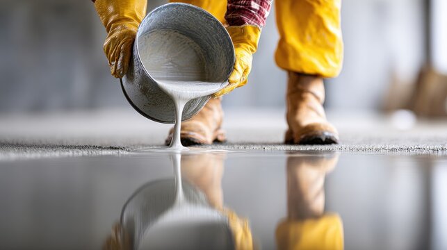 Worker pouring liquid epoxy resin coating onto industrial floor surface. Professional flooring installation process with glossy finish, durable material and modern construction concept