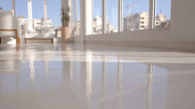 Close-up of glossy white epoxy resin flooring in sunlit modern apartment. Reflective seamless surface with natural light and minimalist interior design aesthetic